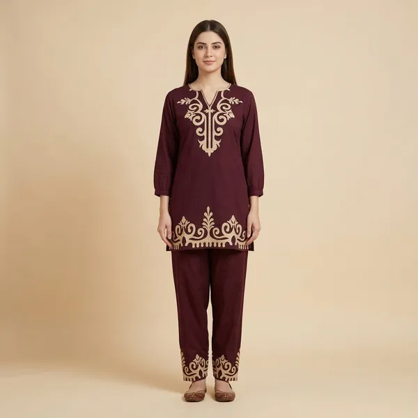 Brown_Embroidered_Kurta_Pajama_Set_For_Women