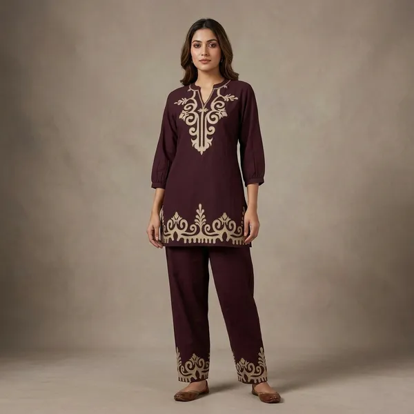 Brown_Embroidered_Kurta_Pajama_Set_For_Women