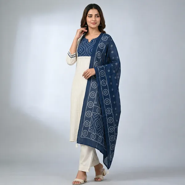 White_Navy_Blue_Bandhani_Print_Cotton_Kurta_Set_With_Dupatta_For_Women