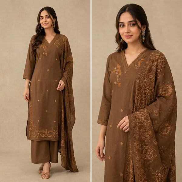Brown_Embroidered_Kurta_Set_With_Palazzo_And_Dupatta_For_Women