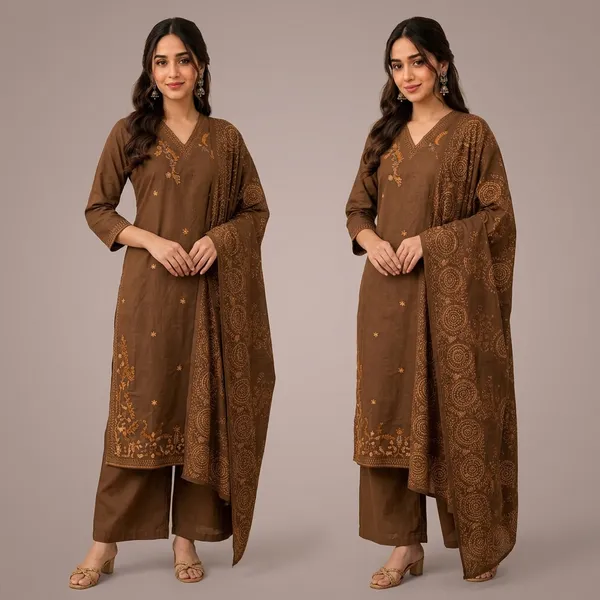 Brown_Embroidered_Kurta_Set_With_Palazzo_And_Dupatta_For_Women