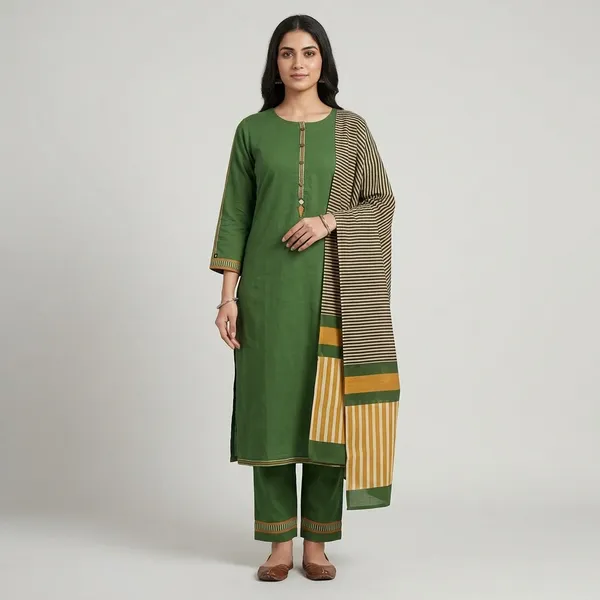 Green_Cotton_Striped_Kurta_Pajama_Set_With_Dupatta_For_Women