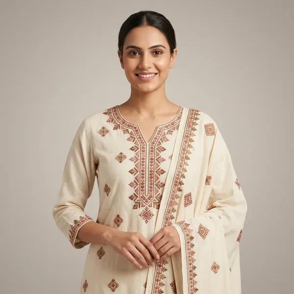 Cream_Embroidered_V-Neck_Kurta_Set_With_Dupatta_For_Women