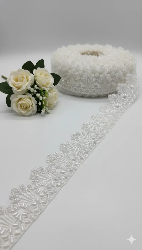 White_Hand-Beaded_Crystal_Work_Border_Lace_Per_Meter