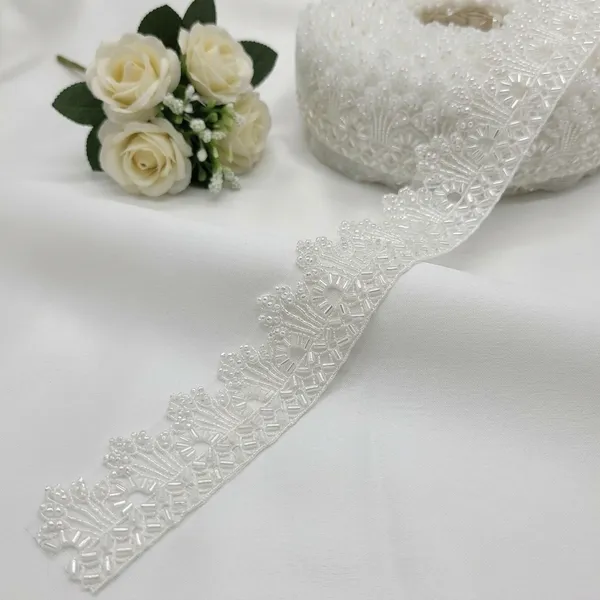 White_Hand-Beaded_Crystal_Work_Border_Lace_Per_Meter