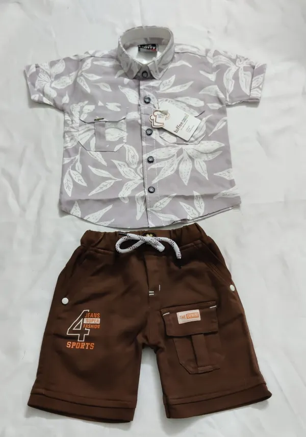 Grey_And_Brown_Cotton_Leaf_Print_Shirt_And_Shorts_Set_For_Boys