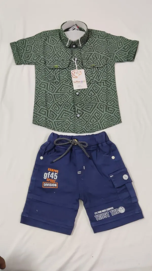 Green_And_Bluecotton_Blend_Geometric_Print_Shirt_And_Shorts_Set_For_Boys