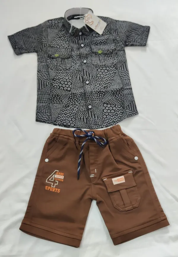 Grey_And_Brown_Cotton_Printed_Shirt_And_Shorts_Set_For_Boys