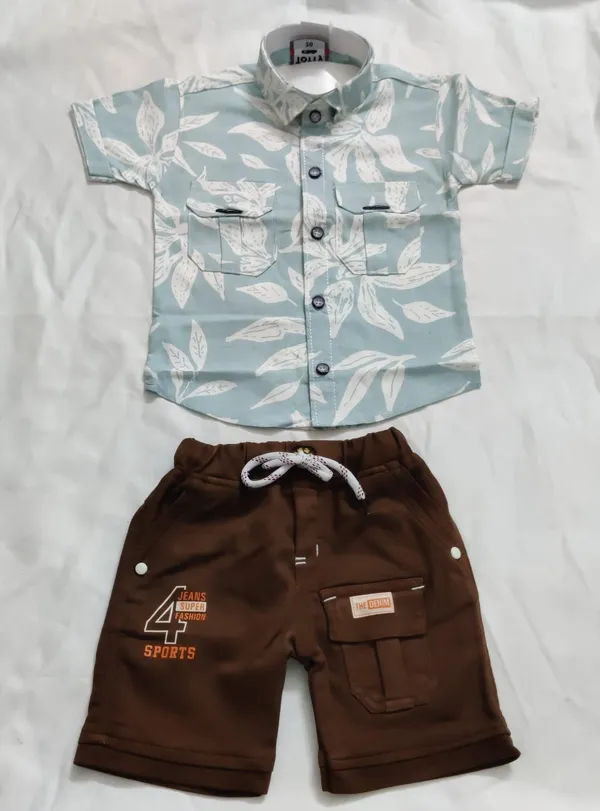 Blue_And_Brown_Cotton_Leaf_Print_Shirt_And_Shorts_Set_For_Boys