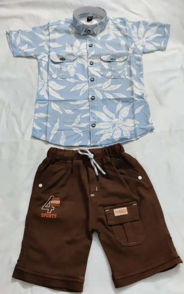 Blue_And_Brown_Cotton_Blend_Floral_Print_Shirt_And_Shorts_Set_For_Boys