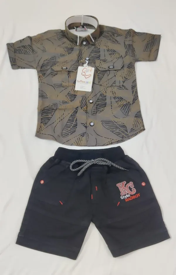 Olive_And_Black_Cotton_Leaf_Print_Shirt_And_Shorts_Set_For_Boys