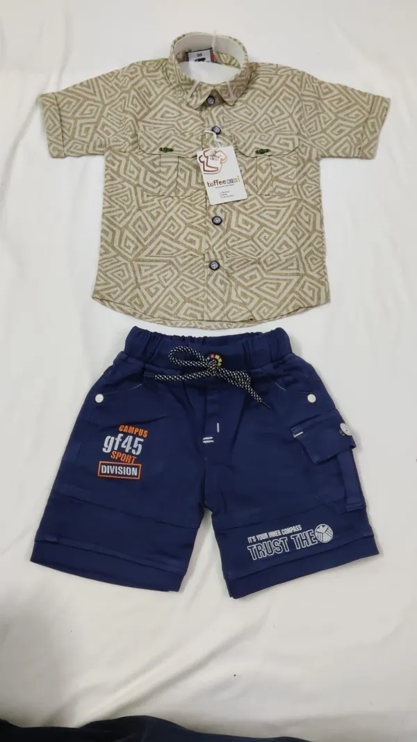 Beige_And_Navy_Blue_Cotton_Printed_Shirt_And_Shorts_Set_For_Boys