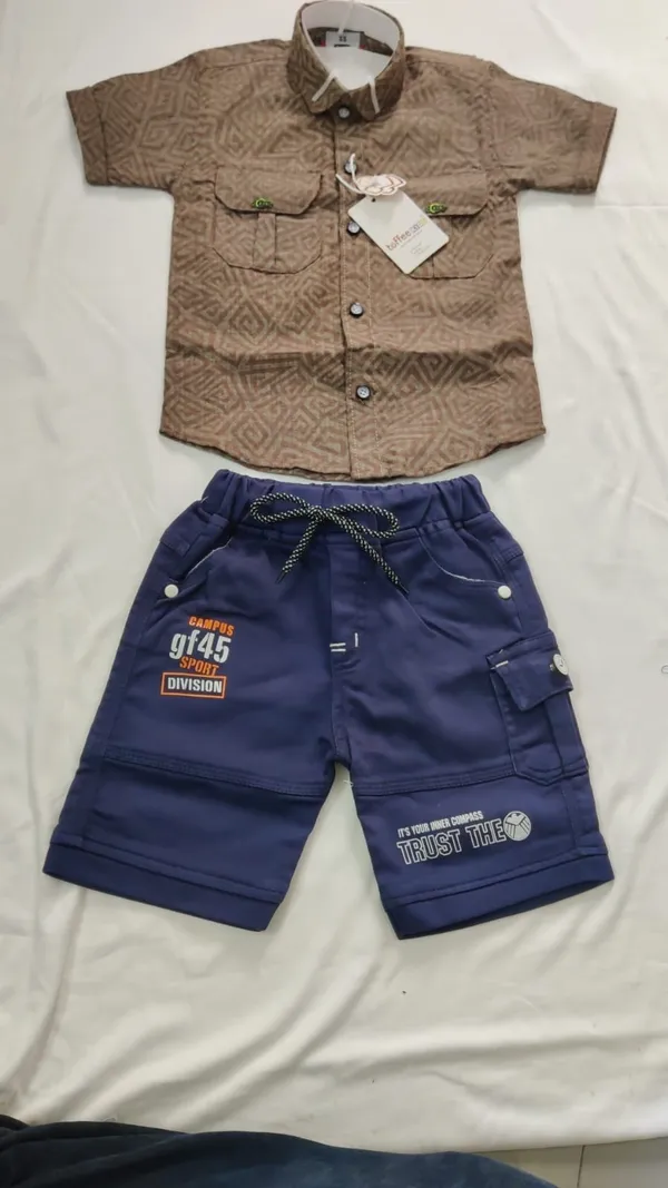 Brown_And_Navy_Blue_Cotton_Printed_Shirt_And_Shorts_Set_For_Boys