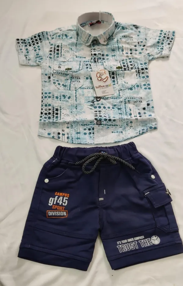Blue_And_Navy_Blue_Cotton_Printed_Shirt_And_Shorts_Set_For_Boys