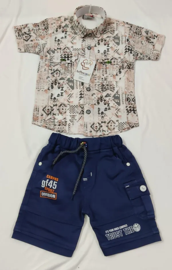 Beige_And_Navy_Blue_Cotton_Blend_Printed_Shirt_And_Shorts_Set_For_Boys