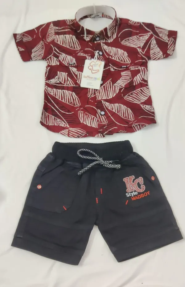 Maroon_And_Black_Cotton_Leaf_Print_Shirt_And_Shorts_Set_For_Boys