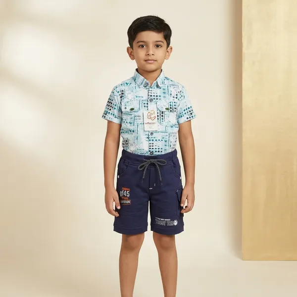 Blue_And_Navy_Blue_Cotton_Printed_Shirt_And_Shorts_Set_For_Boys