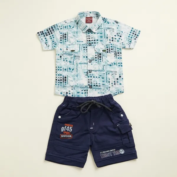 Blue_And_Navy_Blue_Cotton_Printed_Shirt_And_Shorts_Set_For_Boys