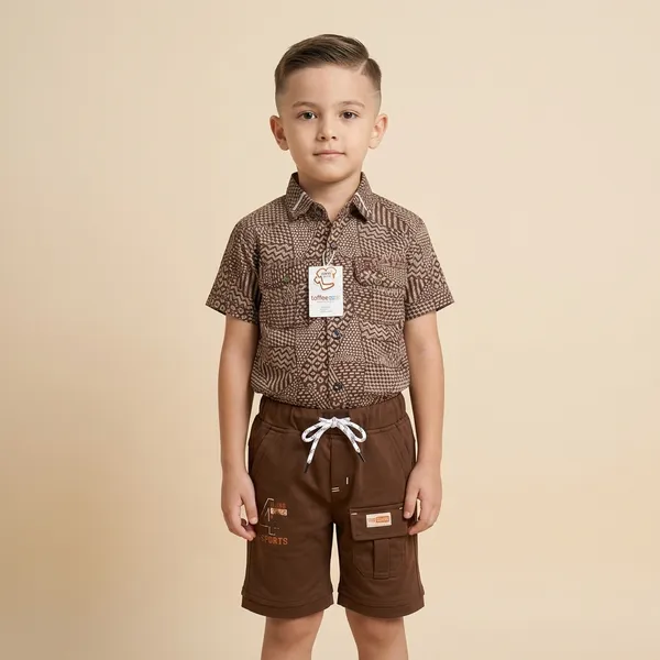 Brown_Cotton_Printed_Shirt_And_Shorts_Set_For_Boys