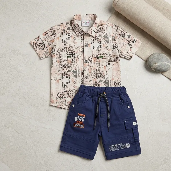 Beige_And_Navy_Blue_Cotton_Blend_Printed_Shirt_And_Shorts_Set_For_Boys