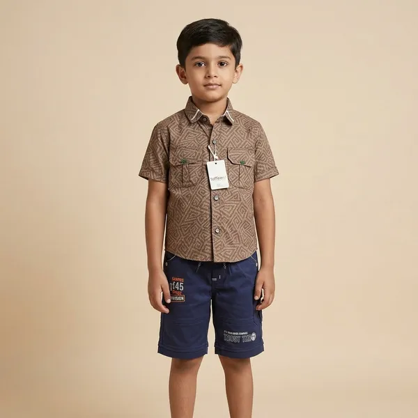 Brown_And_Navy_Blue_Cotton_Printed_Shirt_And_Shorts_Set_For_Boys
