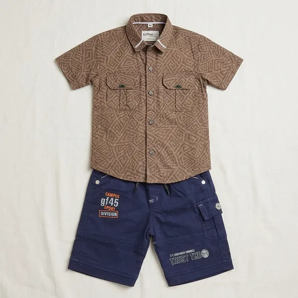 Brown_And_Navy_Blue_Cotton_Printed_Shirt_And_Shorts_Set_For_Boys