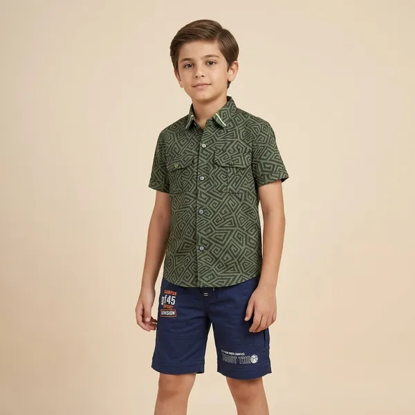 Green_And_Bluecotton_Blend_Geometric_Print_Shirt_And_Shorts_Set_For_Boys