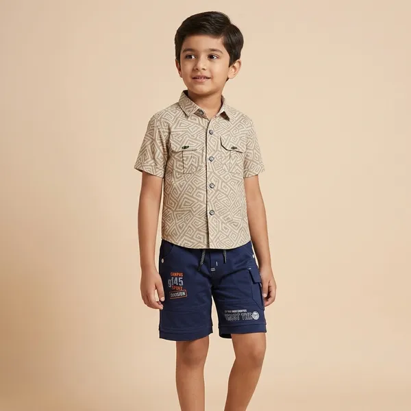 Beige_And_Navy_Blue_Cotton_Printed_Shirt_And_Shorts_Set_For_Boys
