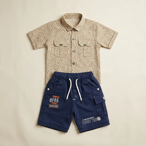 Beige_And_Navy_Blue_Cotton_Printed_Shirt_And_Shorts_Set_For_Boys