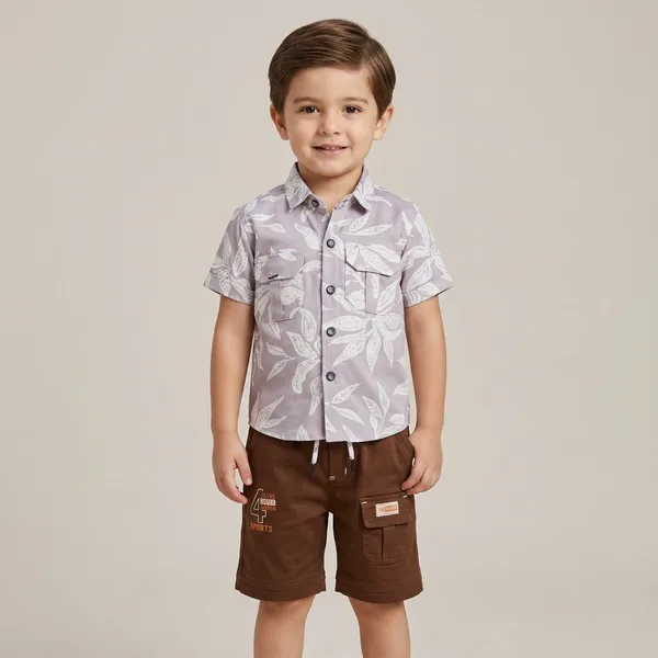 Grey_And_Brown_Cotton_Leaf_Print_Shirt_And_Shorts_Set_For_Boys
