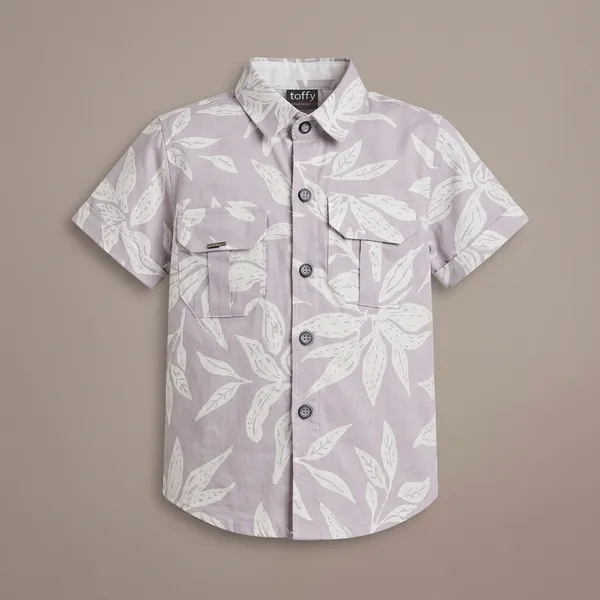 Grey_And_Brown_Cotton_Leaf_Print_Shirt_And_Shorts_Set_For_Boys