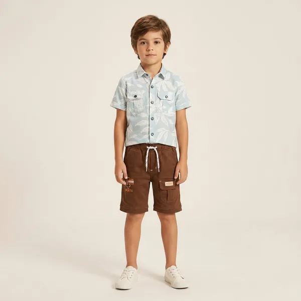Blue_And_Brown_Cotton_Leaf_Print_Shirt_And_Shorts_Set_For_Boys