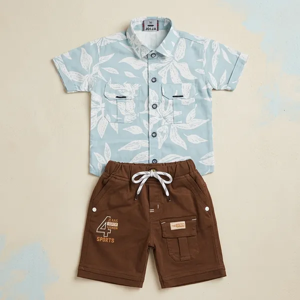 Blue_And_Brown_Cotton_Leaf_Print_Shirt_And_Shorts_Set_For_Boys