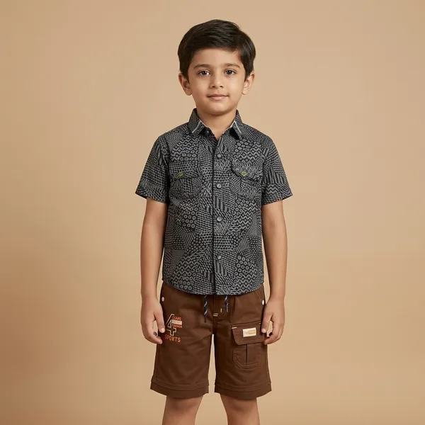 Grey_And_Brown_Cotton_Printed_Shirt_And_Shorts_Set_For_Boys