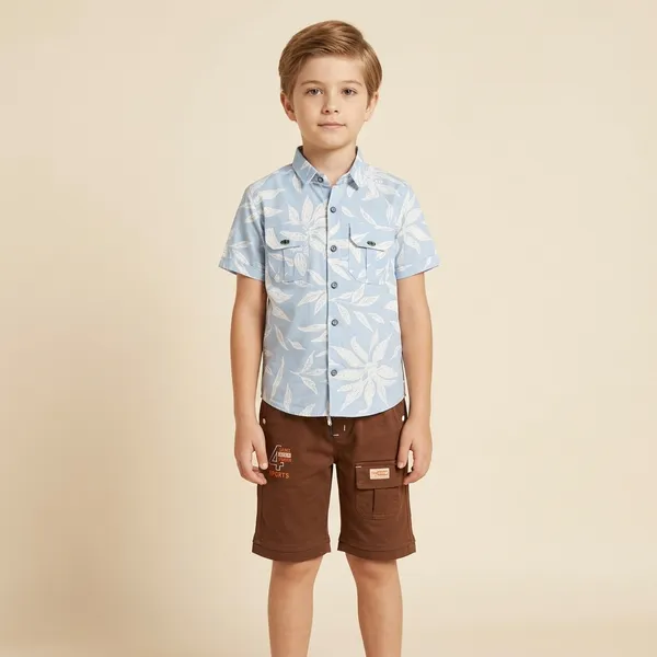 Blue_And_Brown_Cotton_Blend_Floral_Print_Shirt_And_Shorts_Set_For_Boys