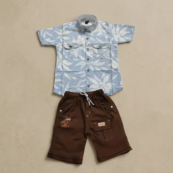 Blue_And_Brown_Cotton_Blend_Floral_Print_Shirt_And_Shorts_Set_For_Boys