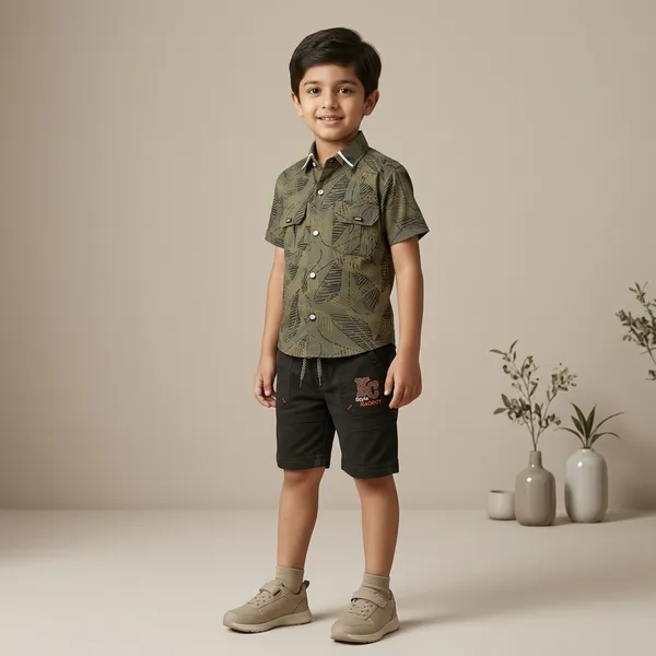 Olive_And_Black_Cotton_Leaf_Print_Shirt_And_Shorts_Set_For_Boys