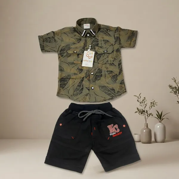 Olive_And_Black_Cotton_Leaf_Print_Shirt_And_Shorts_Set_For_Boys