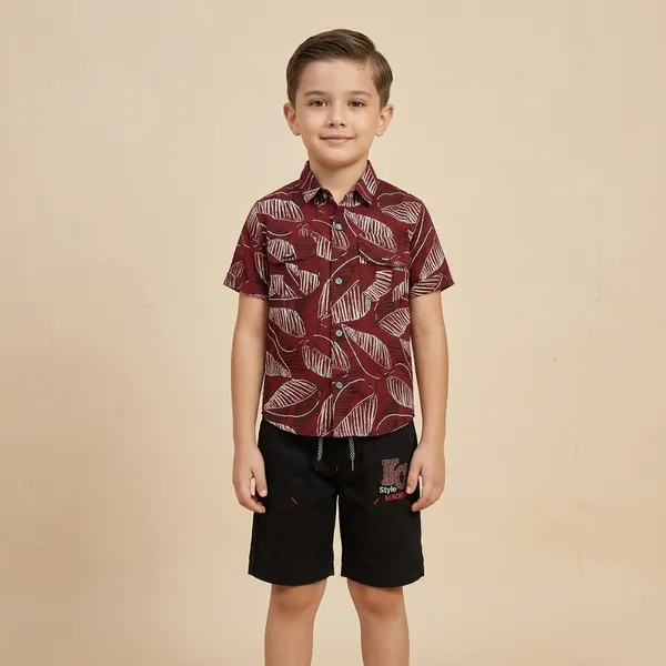 Maroon_And_Black_Cotton_Leaf_Print_Shirt_And_Shorts_Set_For_Boys