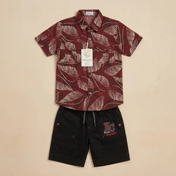 Maroon_And_Black_Cotton_Leaf_Print_Shirt_And_Shorts_Set_For_Boys