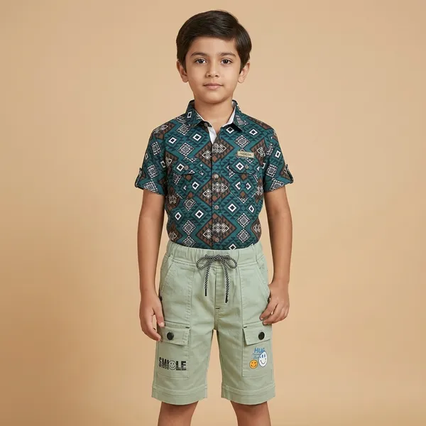 Black_And_Green_Cotton_Casual_Shirt_And_Short_Set_For_Boys