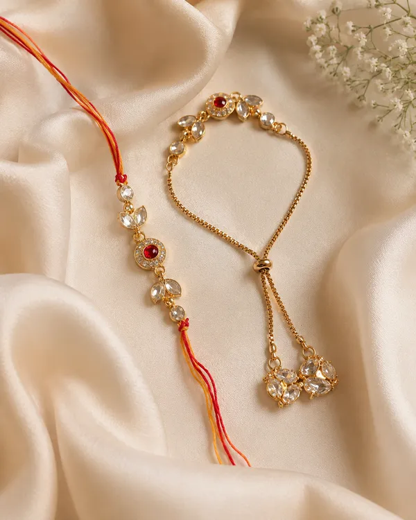 SagarLuxe_Heritage_Kundan_and_Moti_Couple_Rakhi_(Bhaiya_Bhabhi)_with_Red_Stone_Accents_For_Women_&_Men