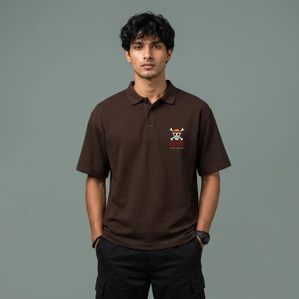 Brown_Cotton_Regular_Fit_Luffy_Minimalist_Anime_Polo_T_Shirt_For_Men