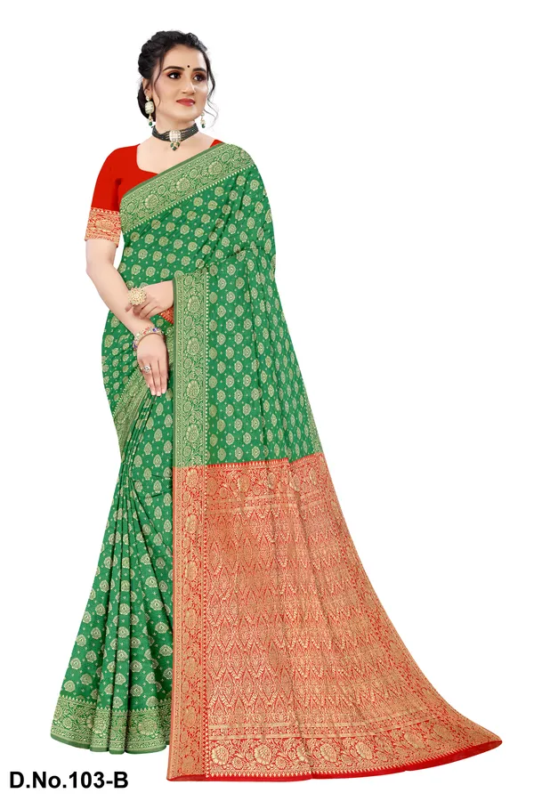 Pink_And_Green_Silk_Zari_Woven_Border_Banarasi_Saree_with_running_blouse_For_Women