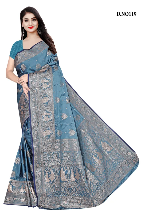 Teal_Blue_Satin_Silk_Zari_Woven_Banarasi_Saree_With_Blouse_For_Women