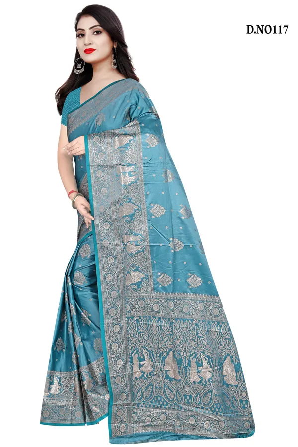 Teal_Blue_Satin_Silk_Zari_Woven_Banarasi_Saree_With_Blouse_For_Women