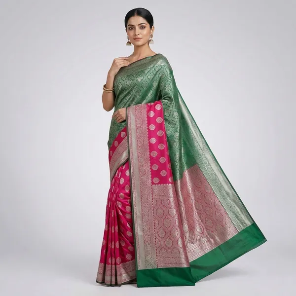 Teal_And_Red_Satin_Silk_Zari_Work_Banarasi_Saree_With_Blouse_For_Women