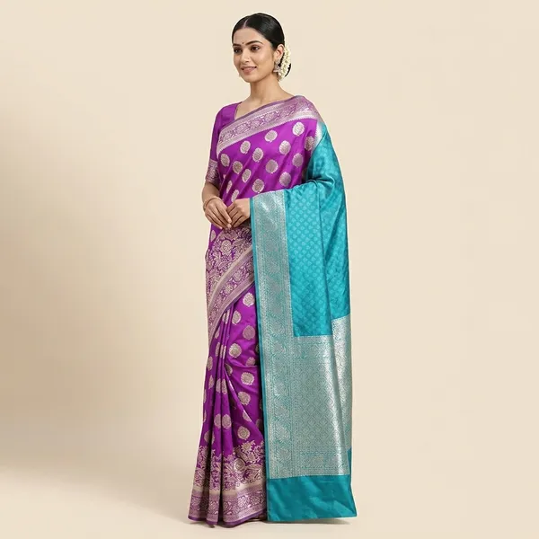 Teal_And_Purple_Satin_Silk_Zari_Work_Banarasi_Saree_For_Women