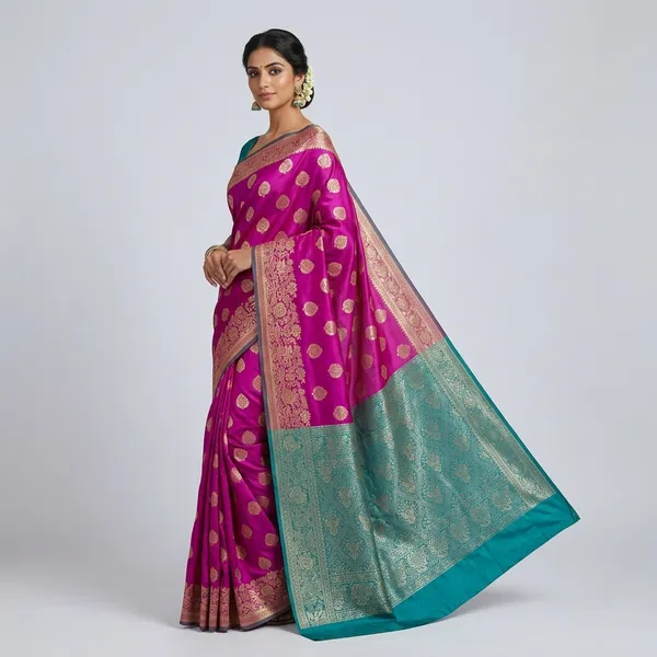 Teal_And_Pink_Satin_Silk_Zari_Woven_Border_Banarasi_Saree_For_Women