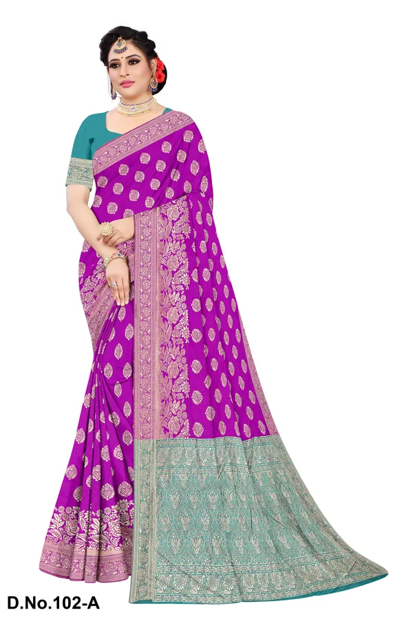 Teal_And_Purple_Satin_Silk_Zari_Work_Banarasi_Saree_For_Women